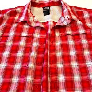 The north face men’s L short sleeved shirt white and red,  shirt is generous.